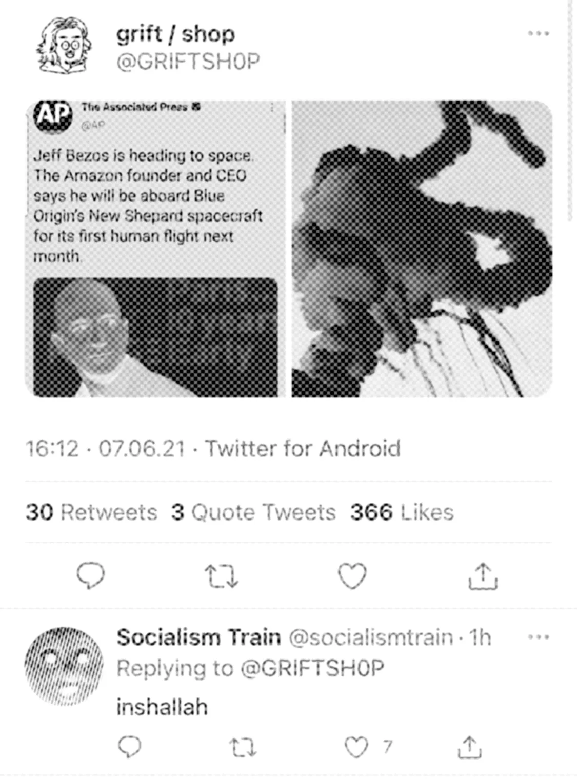 Halftone-style screenshot of a Twitter post from user @GRIFTPOST with two images, first one is the Associated Press announcing Jeff Bezos will be aboard Blue Origin's New Shepard spacecraft for its first human flight next month. The post includes a second image, which is of the Challenger Space Shuttle explosion. Below, there's a reply from the Socialism Train account that says 'inshallah'.